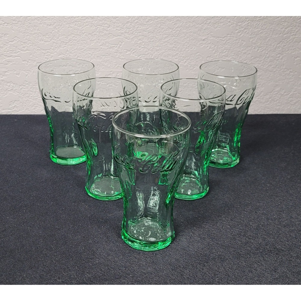 Lot of 6 Vintage Libbey Coca Cola Green Glass Mini Juice Cups 4.5" Tall 6oz